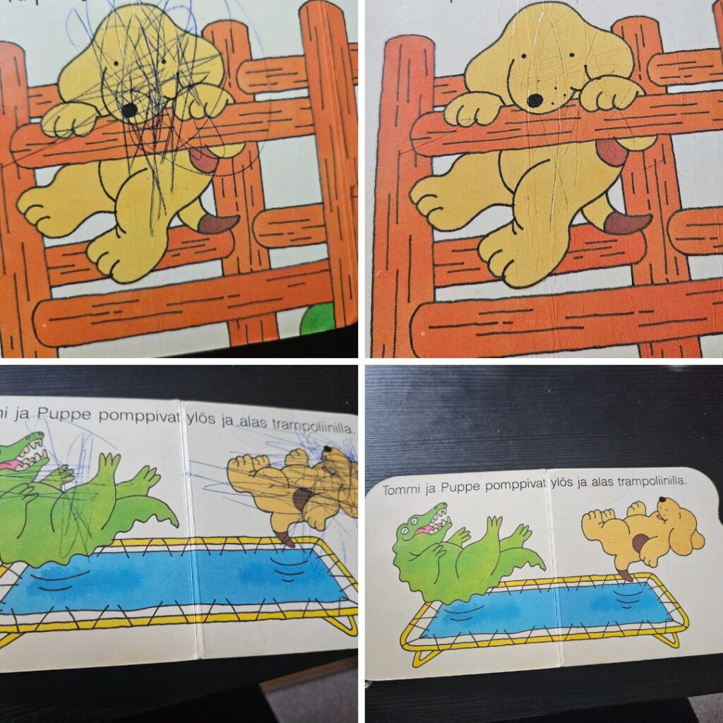 aaren Taika Siivoussaippualla kuvakirjasta kynänjäljet pois