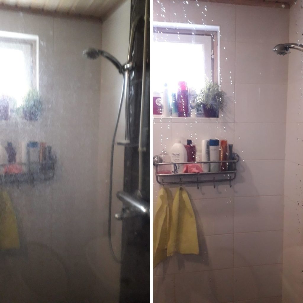 greippi siivoussaippua Tässäpä minun aivan mahtava siivous- kokemukseni pinttyneestä kalkista suihkuseinässä. Mahtava teho. Ennen ja jälkeen.