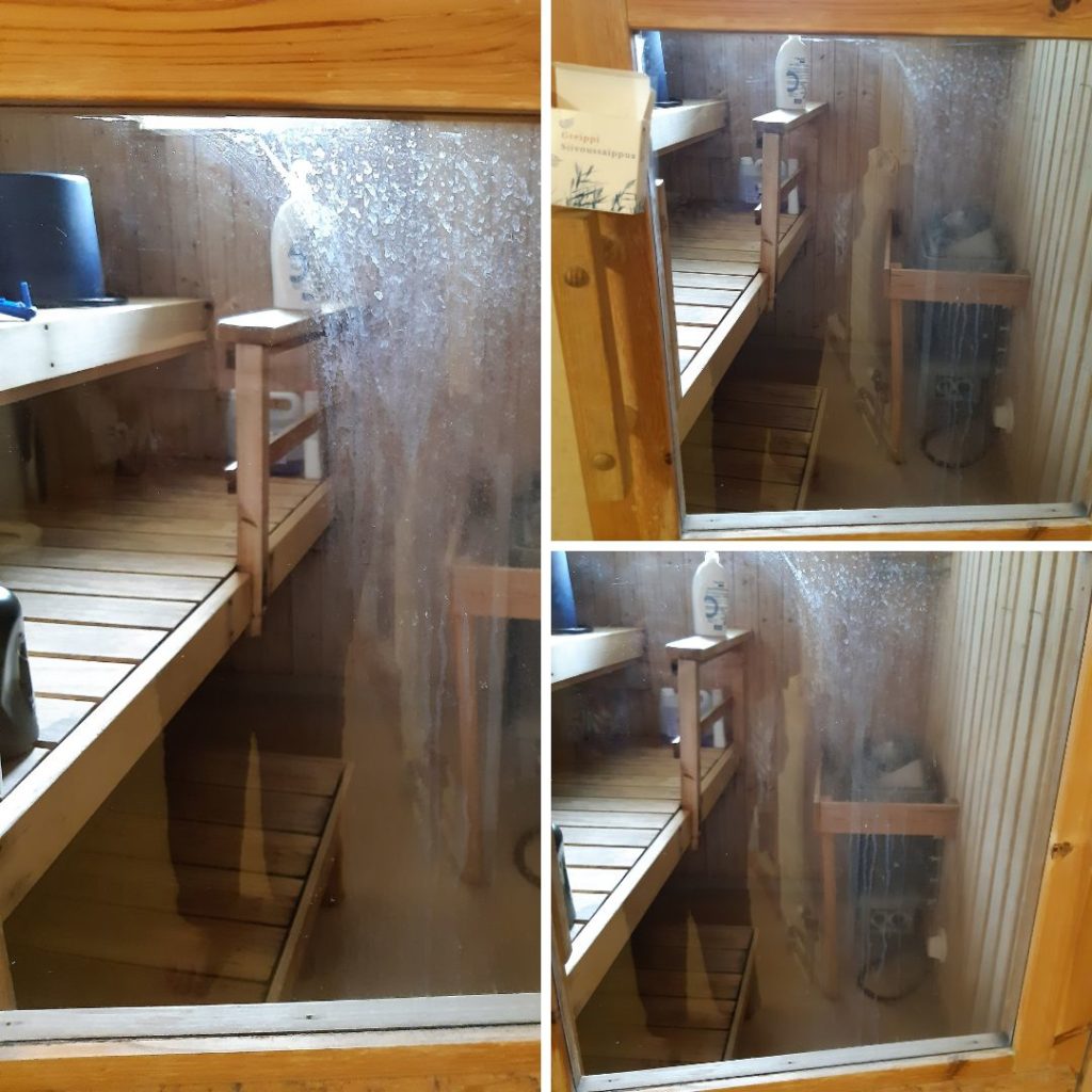 ennen ja jälkeen kuvat greippi siivoussaippualla puhdistetusta saunan lasiovesta