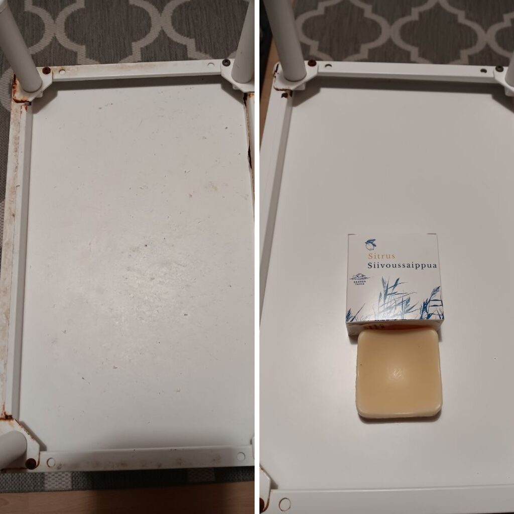 Moi! Wc allaskaappipohja oli päässyt likaantumaan ja ruostumaan, mutta onneksi oli sitrus siivoussaippuaa ja sillähän tuli aikas puhdasta!! Kiitos Teille hyvästä siivoussaippuasta!
