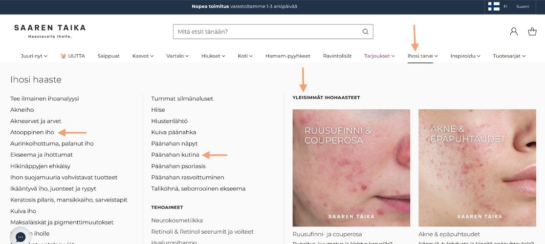 Ihotyyppi ja iho-ongelma valikot Saaren Taika verkkokaupassa
