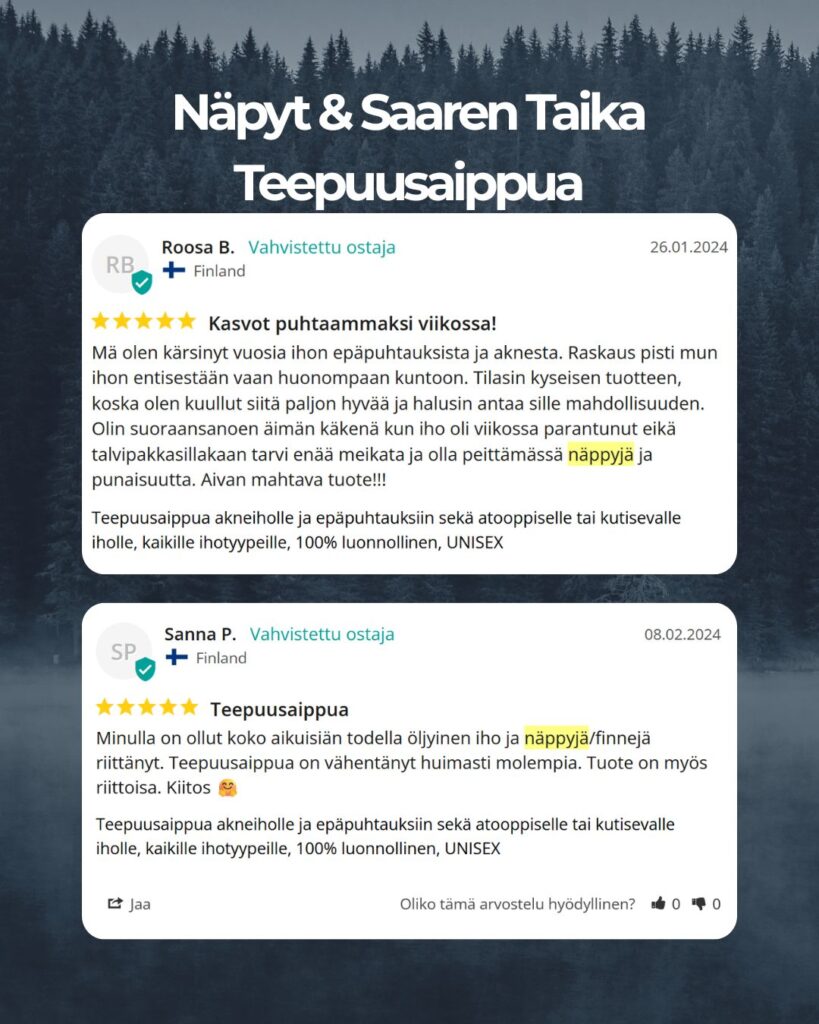 Asiakaspalaue: Kasvot puhtaammaksi viikossa! Mä olen kärsinyt vuosia ihon epäpuhtauksista ja aknesta. Raskaus pisti mun ihon entisestään vaan huonompaan kuntoon. Tilasin kyseisen tuotteen, koska olen kuullut siitä paljon hyvää ja halusin antaa sille mahdollisuuden. Olin suoraansanoen äimän käkenä kun iho oli viikossa parantunut eikä talvipakkasillakaan tarvi enää meikata ja olla peittämässä näppyjä ja punaisuutta. Aivan mahtava tuote!!! -Roosa B.