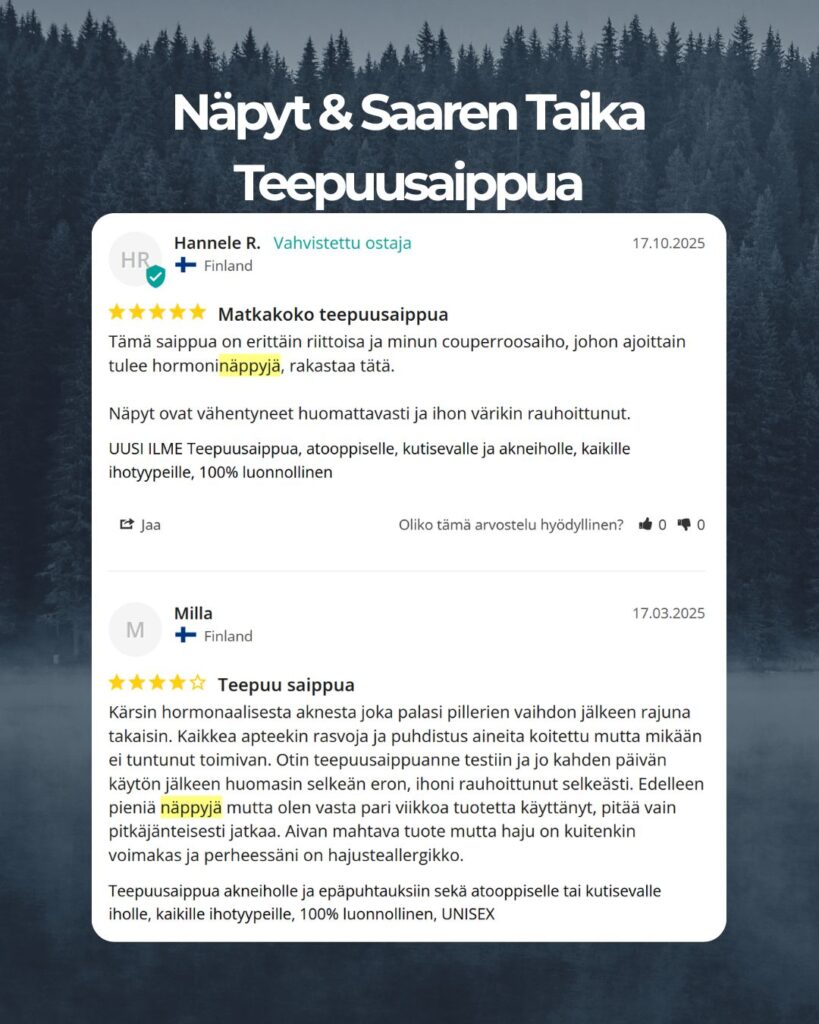 Asiakaspalaute: Kärsin hormonaalisesta aknesta joka palasi pillerien vaihdon jälkeen rajuna takaisin. Kaikkea apteekin rasvoja ja puhdistus aineita koitettu mutta mikään ei tuntunut toimivan. Otin teepuusaippuanne testiin ja jo kahden päivän käytön jälkeen huomasin selkeän eron, ihoni rauhoittunut selkeästi. Edelleen pieniä näppyjä mutta olen vasta pari viikkoa tuotetta käyttänyt, pitää vain pitkäjänteisesti jatkaa. Aivan mahtava tuote mutta haju on kuitenkin voimakas ja perheessäni on hajusteallergikko. -Milla