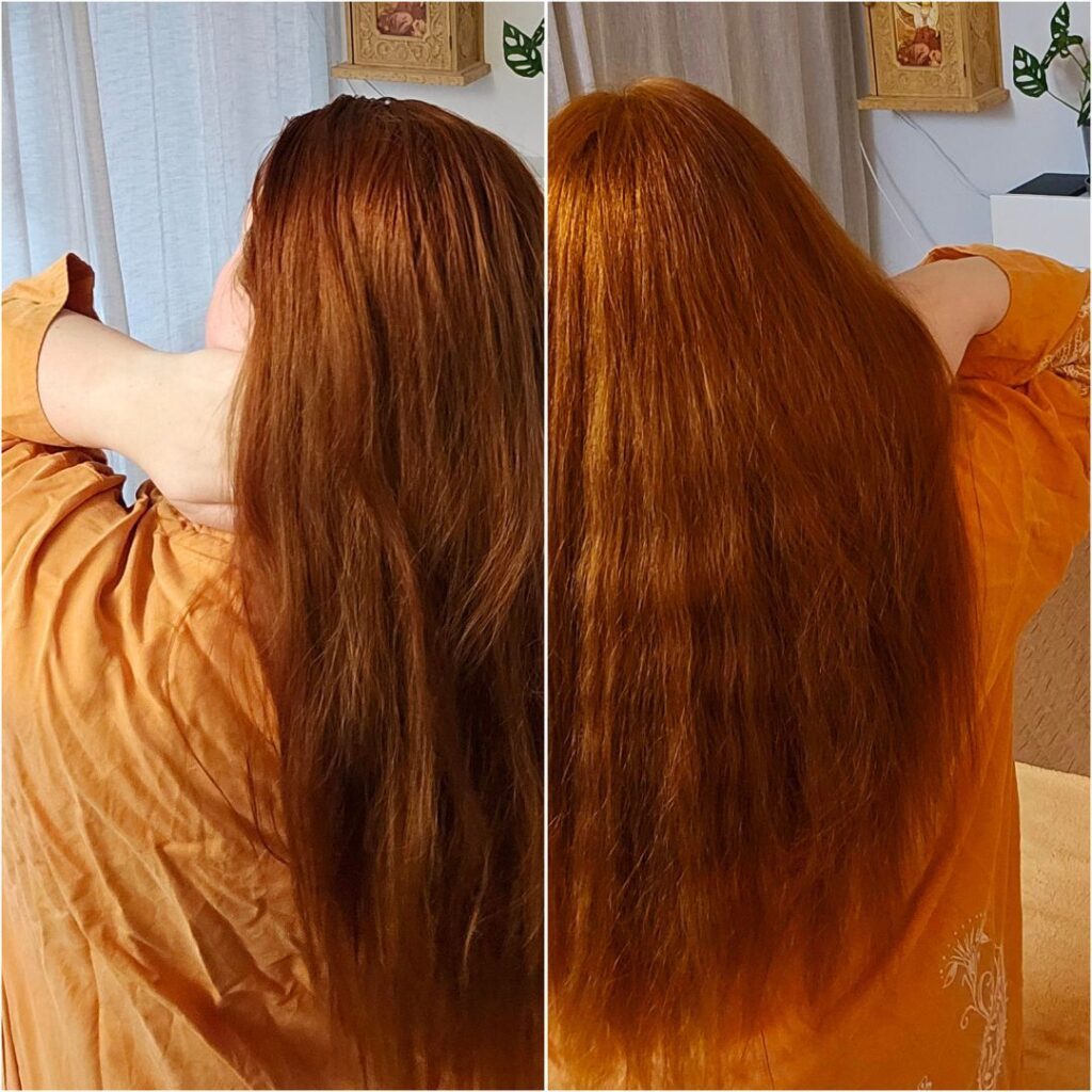 "Hei. Olen värjännyt hiuksiani hennalla jo useamman vuoden ajan. Saaren taika henna hiusväri on ehdottomasti paras henna, jota olen kokeillut. Se levittyy helposti minun pitkiin ja paksuihin hiuksiini. Hennassa ei ole kovin vahva tuoksu ja sen väri tarttuu loistavasti ja pysyvästi hiuksiin pidemmäksikin aikaa. Lisään seokseen sitruunaa, joka tuo lisää kiiltoa lopputulokseen. Hiuksiini riittää 100g hennaa."