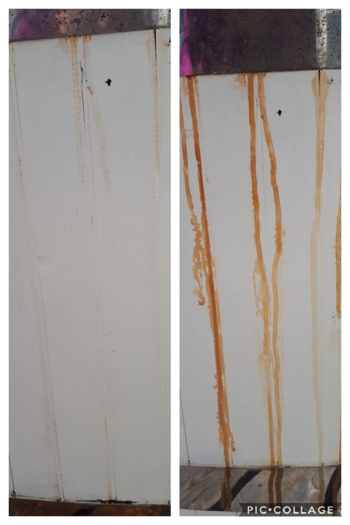 Puisen (ja maalatun) kylpytynnyrin kylkeen vanteesta irronneet ruostevesijäljet irtosivat lähes kokonaan siivoussaippualla