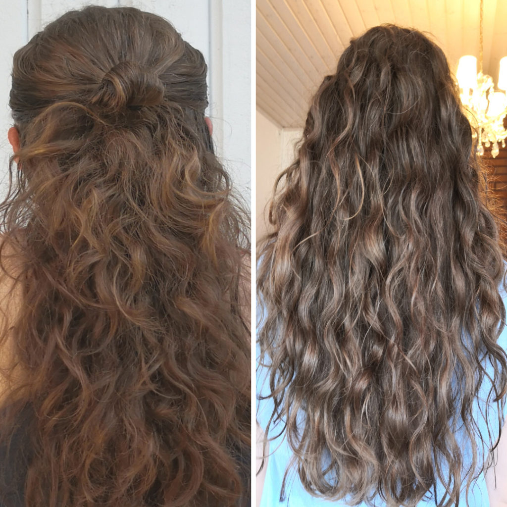 Pesin hiukset normaalisti Curl care shampoolla ja käytin hoitoainetta. Seuraavana iltana hauduttelin vielä hoitoaineella pitkään saunan lämmössä. Ennen kuvaa puristelin hiuksiin vielä kosteilla käsillä hiukan hoitoainetta. Tulos: pehmeämmät ja vähemmän pörröiset hiukset. Tuotteet ovat hyvän tuoksuisia ja tykkään hoitoaineen voidemaisesta koostumuksesta.