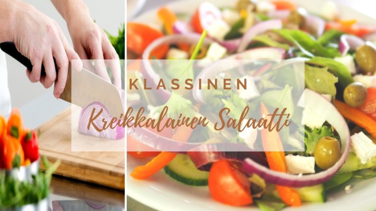 Kreikkalainen salaatti, joka sisältää tomaatti, oliivia, punasipulia ja vihreää salaattia.