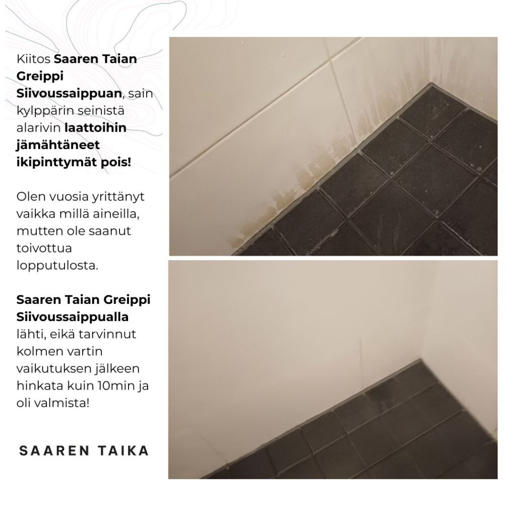 Greippi Siivoussaippualla kylppärin seinistä laattoihin jämähtäneet ikipinttymät pois