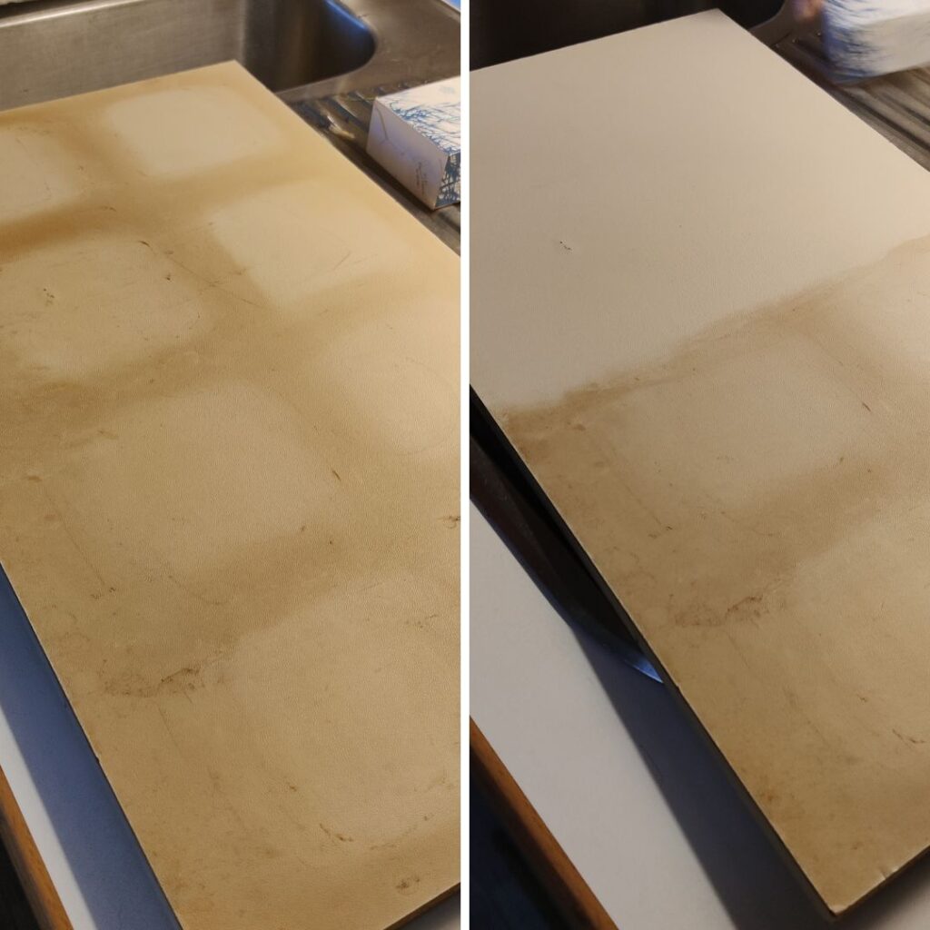 Olen yrittänyt puhdistaa kaappeja asunnosta, jossa on tupakoitu 30 vuotta. Niihin on kokeiltu eri puhdistusaineita, mutta kellastumat on ja pysyy. Toin yhden hyllylevyn kotiin ja päätin kokeilla vielä Saaren Taika siivoussaippuaa (löytyy vielä se perinteinen). Kostutin sienen, hieroin siihen siivoussaippuaa. Kevyt hankaus ja pinttyneet kellastumat lähtivät! Lisäksi saippua neutralisoi huomattavasti hajua. Uskomaton tuote!
