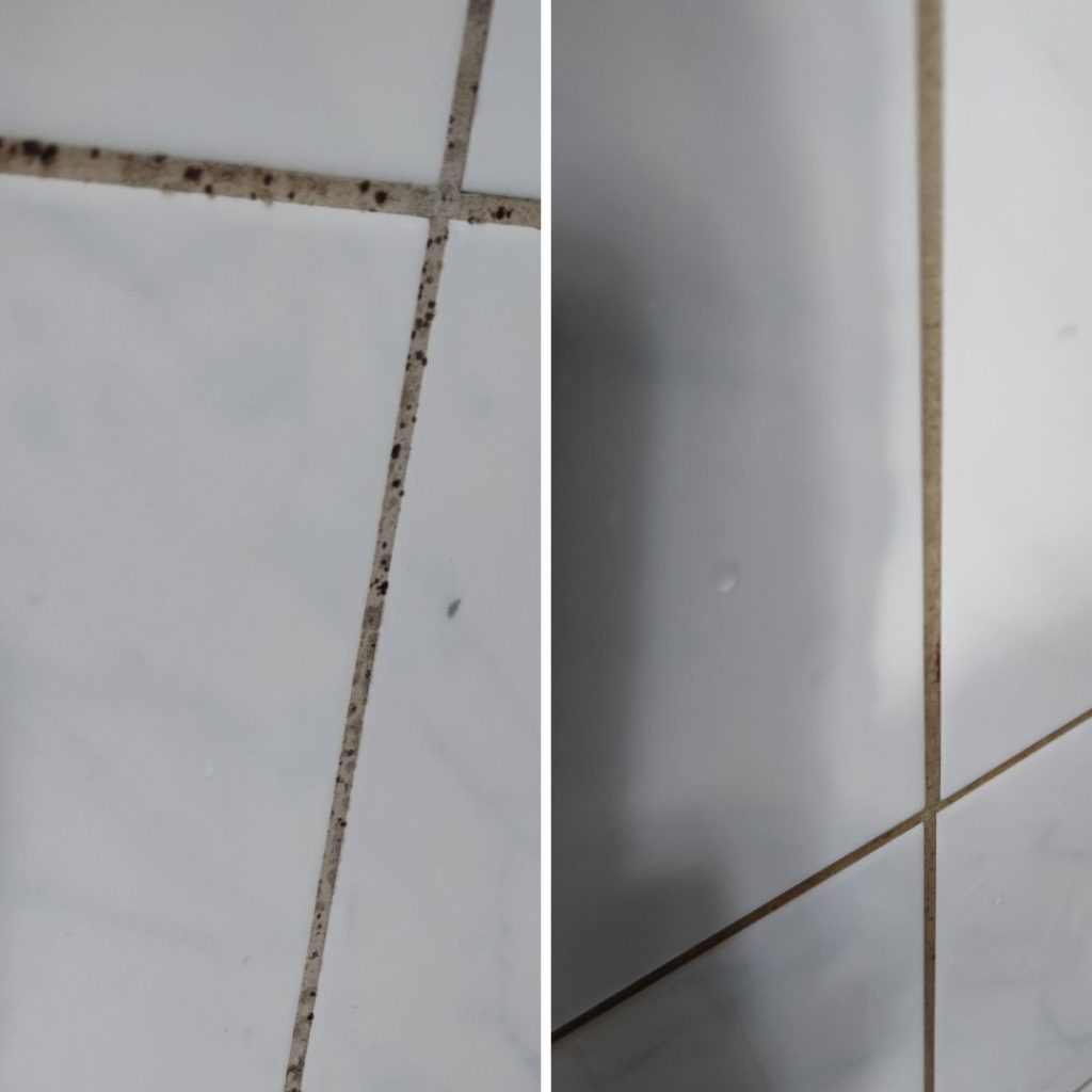 Ennen ja jälkeen kuvat vaaleista kylpyhuoneen kaakeleista joiden laattasaumoissa oli mustaa hometta, toisessa kuvassa home on kokonaan poissa