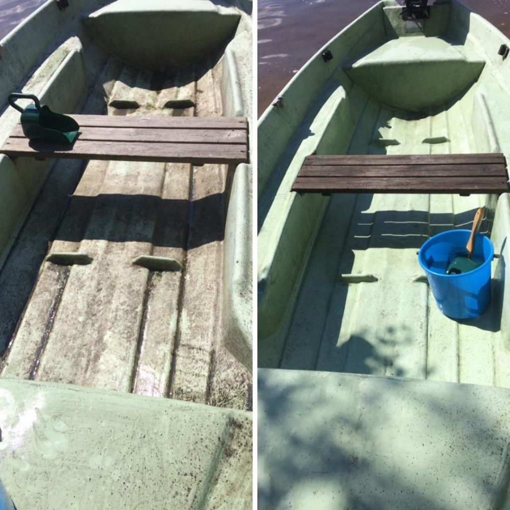 Pinttynyt ja sammalinen soutuvene ennen ja jälkeen Saaren Taika siivoussaippuan