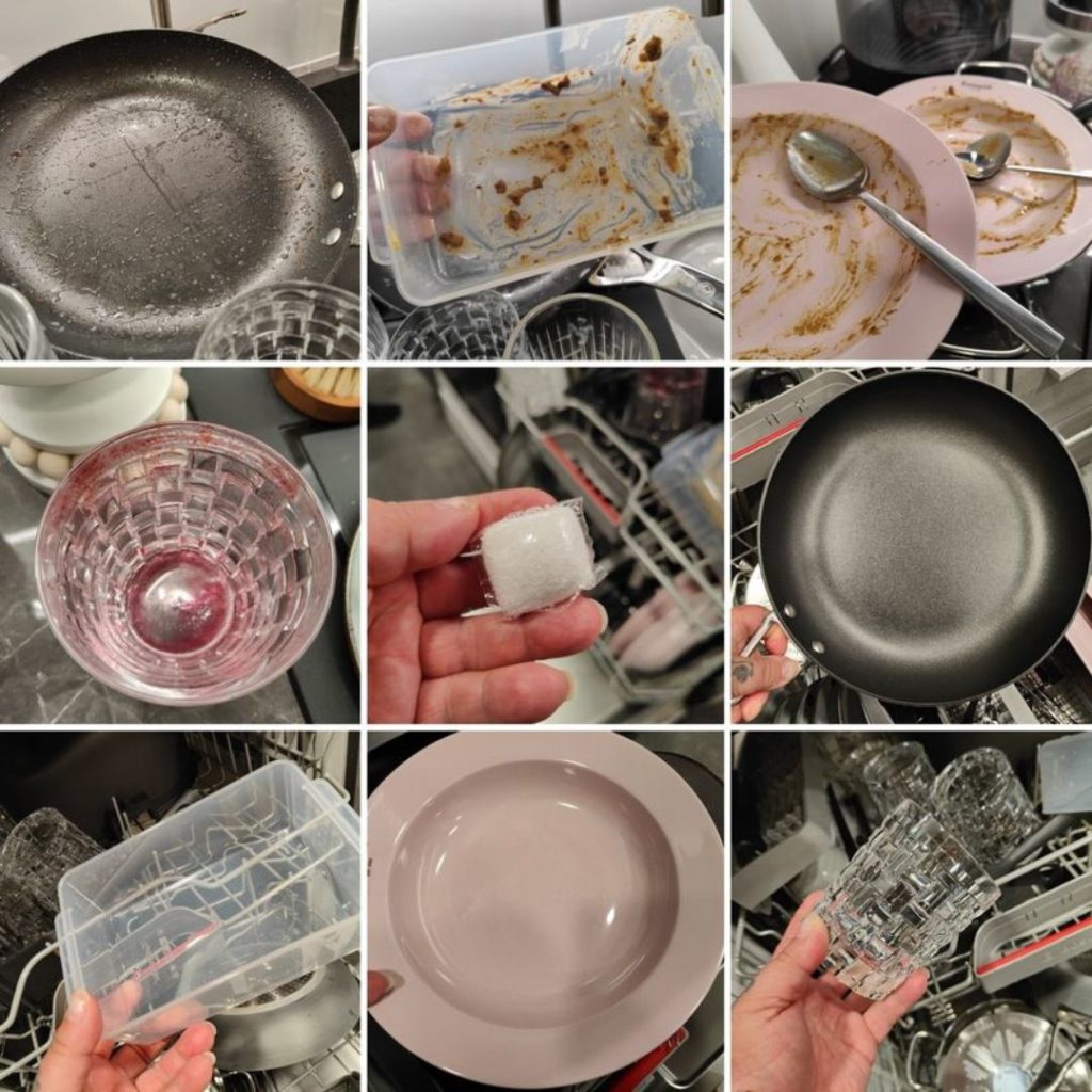 Ennen ja jälkeen kuvia kollaasissa, kuvissa aljon likaisia astioita, jotka ovat tulleet puhtaiksi