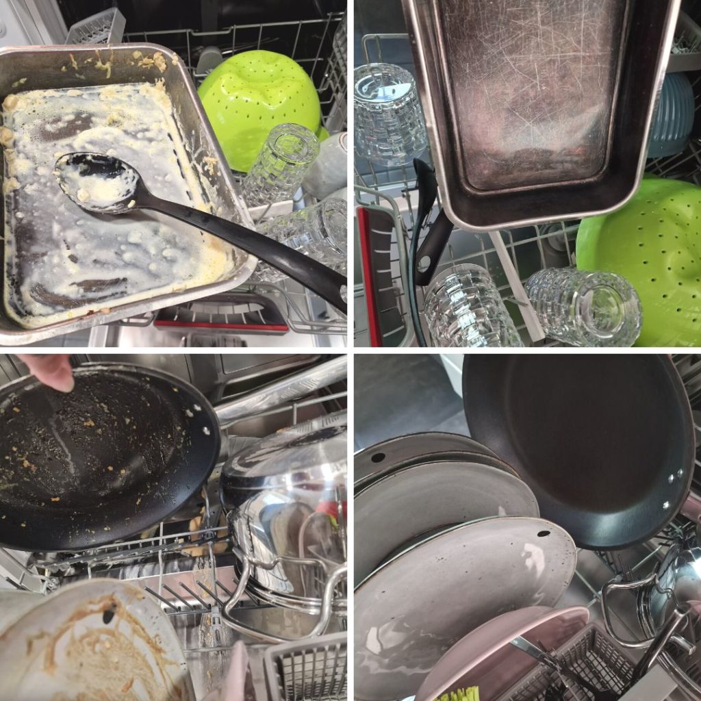 Vuoka ja muita astioita likaisena ja puhtaana kuvakollaasi