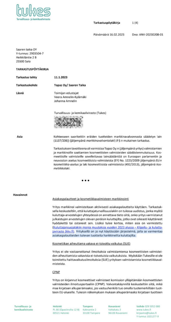 Tukesin tarkastusraportti