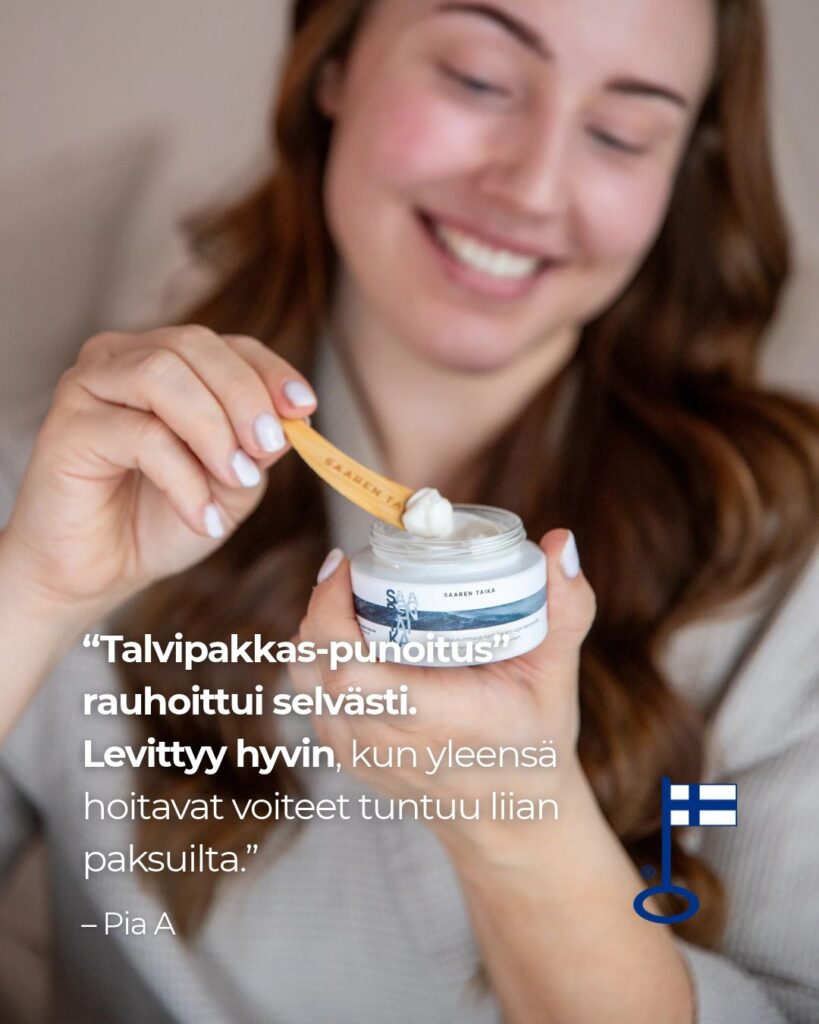 Saaren Taika Natural-sarjan Ruusunmarja Kamelia kasvovoide on Saaren Taian kehittämä, ja se valmistetaan Suomessa