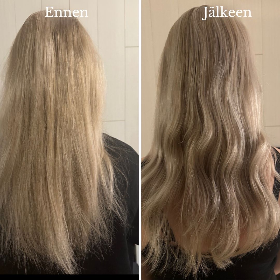 Hiukseni tuntuvat nyt paljon pehmeämmiltä ja terveemmiltä, sekä kiilto on palannut hiuksiin. Huomasin eron jo ensimmäisen pesun jälkeen, ja tututkin huomasivat ja alkoivat kysellä olenko tehnyt hiuksilleni jotain. Shampoota ei tarvitse laittaa paljoa, vaahtoutui hyvin, ja hiusmaski siloitti hiuksia samantien kun sen oli huuhdellut pois. Tuoksu on miellyttävä, vaikutuksen huomasi ensimmäisen pesun jälkeen, yleensä hiukset jää hieman karheiksi pesun jälkeen näiden tuotteiden kanssa ei ole ollut sitä ongelmaa. Hiukset ovat paljon terveämmän näköiset.