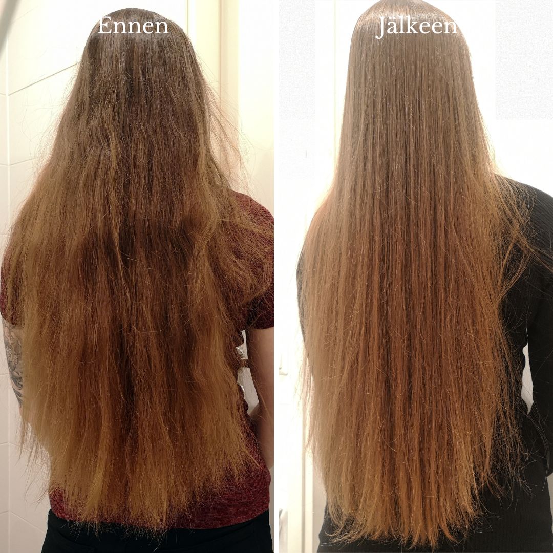 Hieman taustaani: minulla on todella pitkät hiukset ja melko pörröiset luonnon kiharaan taipuvaisuuden vuoksi. Kuitenkin vaikka hiukset ovat pörröiset ja latvoista hyvin herkästi haaroittuvat, ovat ne loppujen lopuksi myös melko ohuet. Jo ensimmäisen kerran jälkeen hiukset tuntuivat silkkisen pehmeiltä. Hiuksien kanssa ei tarvinnut lainkaan tuskailla saisiko ne harjattua auki, koska hiukset eivät olleet lainkaan takussa. Pidemmällä aika välillä saattaisi auttanee vielä paremmin hiusten kuntoon. Ehdottomasti kiiltoa lisäsi myös merkittävästi. Lisäksi hiuksiin jäi miellyttävä hento tuoksu. Shampoo vaikutti heti kättelyssä todella riittoisalta selkeästi nestemäisen ja ohuen koostumuksensa vuoksi. Todella pitkiin hiuksiini riitti myös suhteellisen pieni määrä shampoota. Tuoksu muistutti etäisesti kaakaomaista tuoksua mikä miellytti. Hoitoaine puolestaan oli koostumukseltaan hyvin geelimäinen monista muista hoitoaineita poiketen. Usein hoitoaineet ovat töpäkkää tatinaa. Hoitoaine ikäänkuin suli hiuksiin. Myös iholle jäi pehmeä tunne hiusten pesun jälkeen.