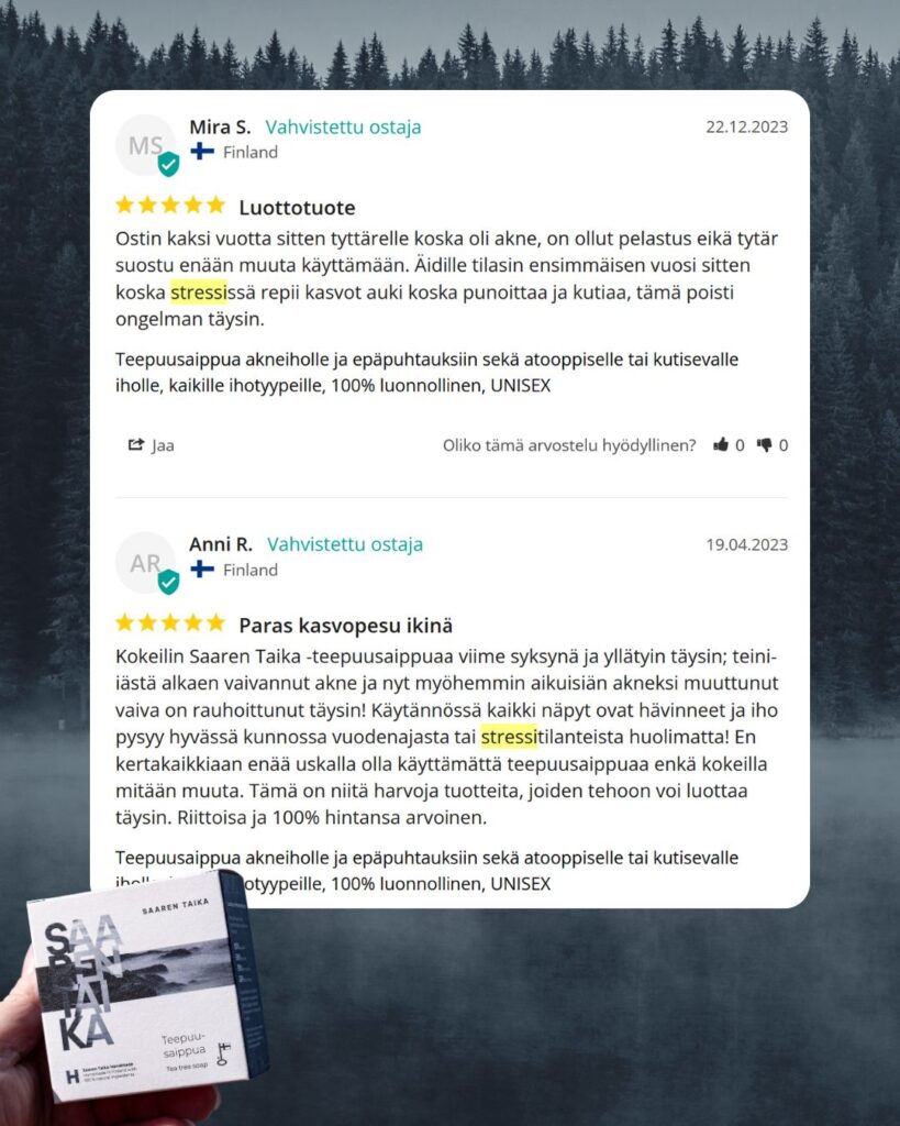 Kokemus Saaren Taika Teepuusaippuasta aknen ja stressi ihon hoidossa: Paras kasvopesu ikinä. Kokeilin Saaren Taika -teepuusaippuaa viime syksynä ja yllätyin täysin; teini-iästä alkaen vaivannut akne ja nyt myöhemmin aikuisiän akneksi muuttunut vaiva on rauhoittunut täysin! Käytännössä kaikki näpyt ovat hävinneet ja iho pysyy hyvässä kunnossa vuodenajasta tai stressitilanteista huolimatta! En kertakaikkiaan enää uskalla olla käyttämättä teepuusaippuaa enkä kokeilla mitään muuta. Tämä on niitä harvoja tuotteita, joiden tehoon voi luottaa täysin. Riittoisa ja 100% hintansa arvoinen. -Anni R.