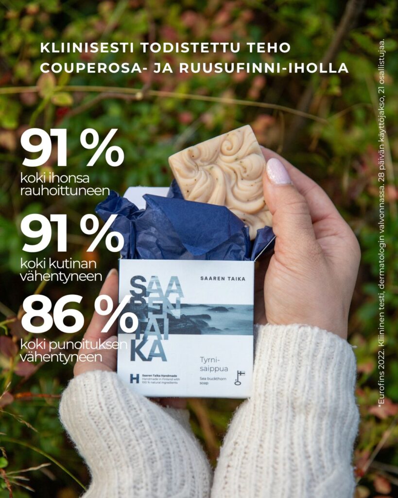 Saaren Taika Tyrnisaippua Kliinisesti todistettu teho couperosa- ja ruusufinni-iholla.