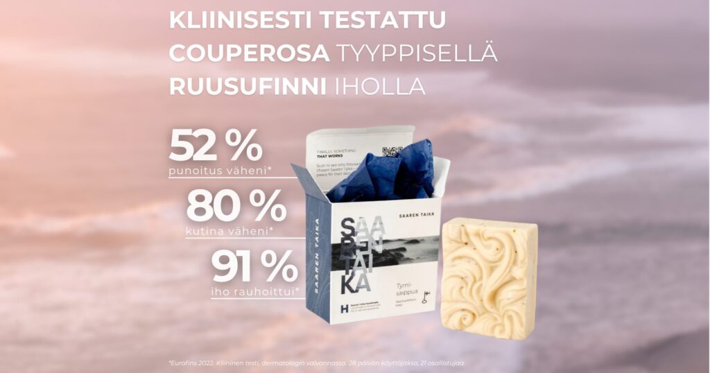 Saaren Taika Tyrnisaippua on kliinisesti testattu couperosa tyyppisellä ruusufinni iholla