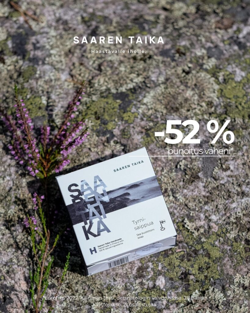 Tyrnisaippuan kliininen testi ruusufinni iholla Kliinisessä arvioinnissa punoitus väheni 52 %