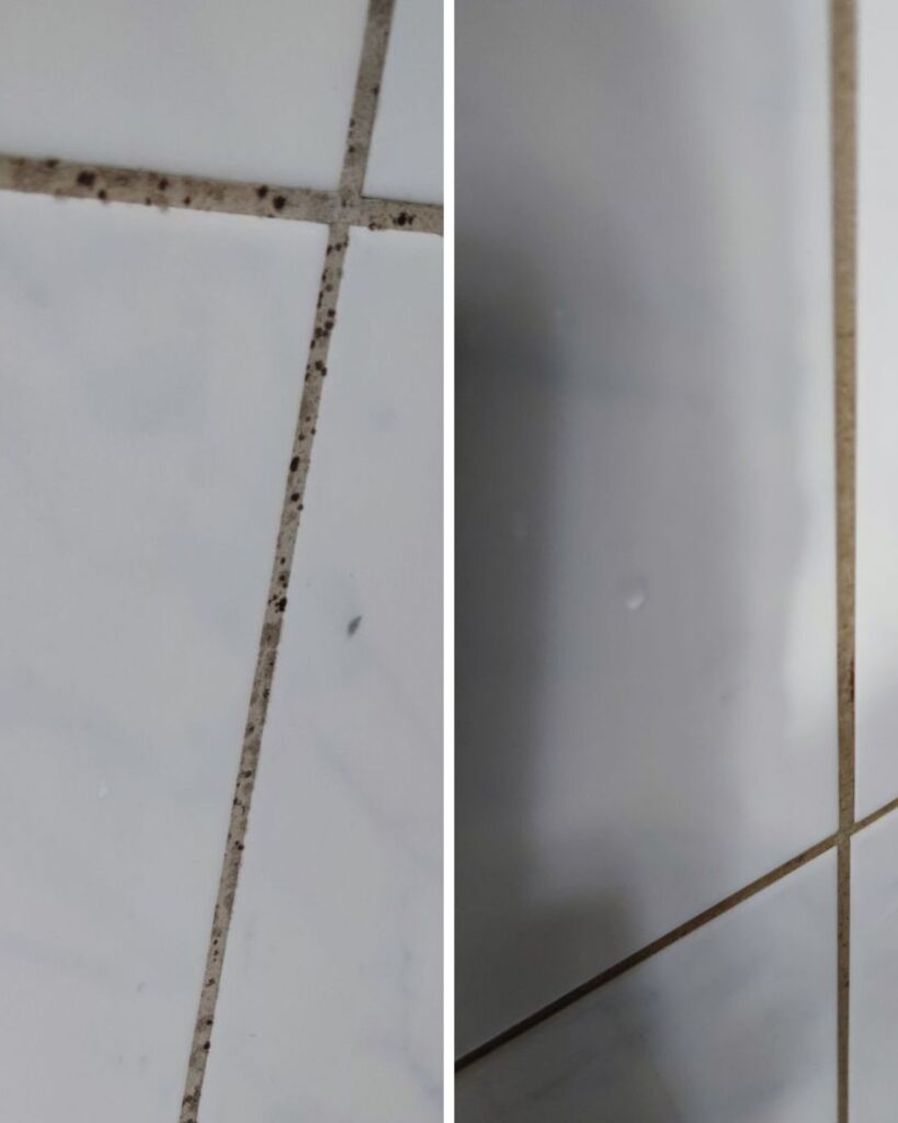 Homepilkkuja kaakelin saumoissa ennen ja jälkeen kuvat Saaren Taika siivoussaippuaa käytettäessä.