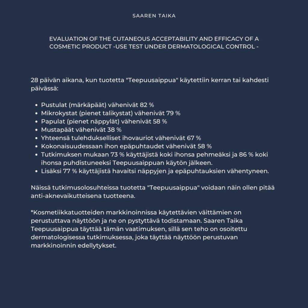 Saaren Taika Teepuusaippuan aknea estävä vaikutus