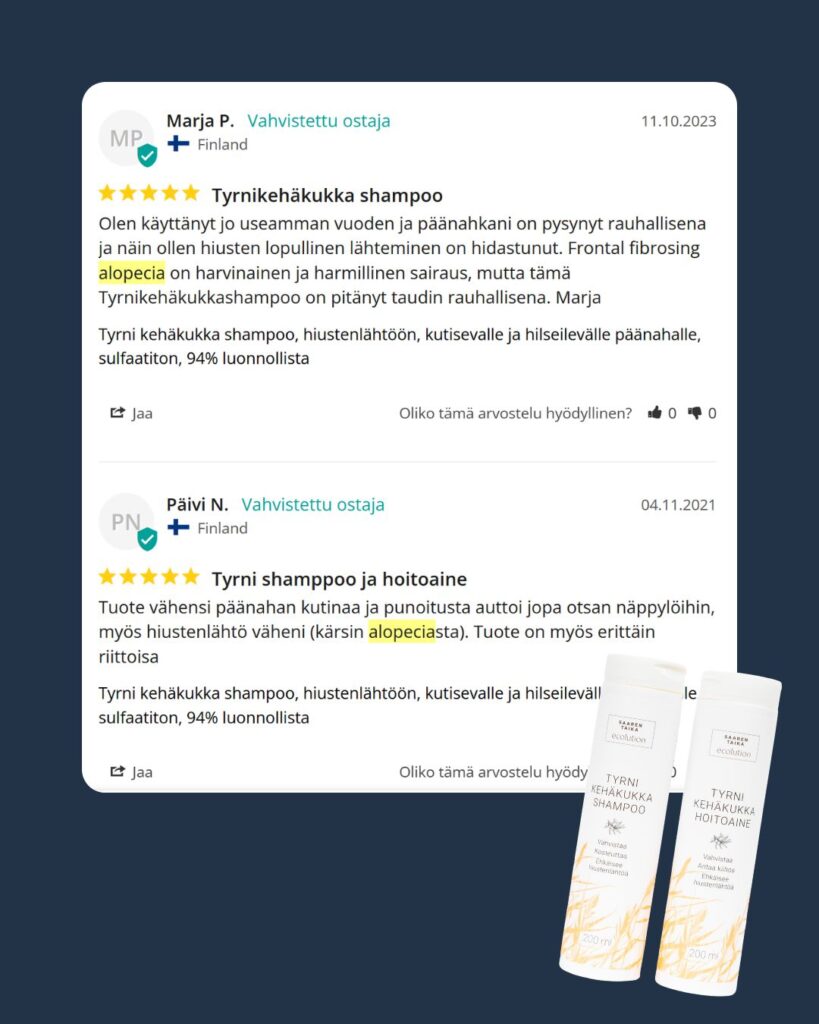 Asiakaspalaute: Tyrnikehäkukka shampoo Olen käyttänyt jo useamman vuoden ja päänahkani on pysynyt rauhallisena ja näin ollen hiusten lopullinen lähteminen on hidastunut. Frontal fibrosing alopecia on harvinainen ja harmillinen sairaus, mutta tämä Tyrnikehäkukkashampoo on pitänyt taudin rauhallisena. -Marja P.