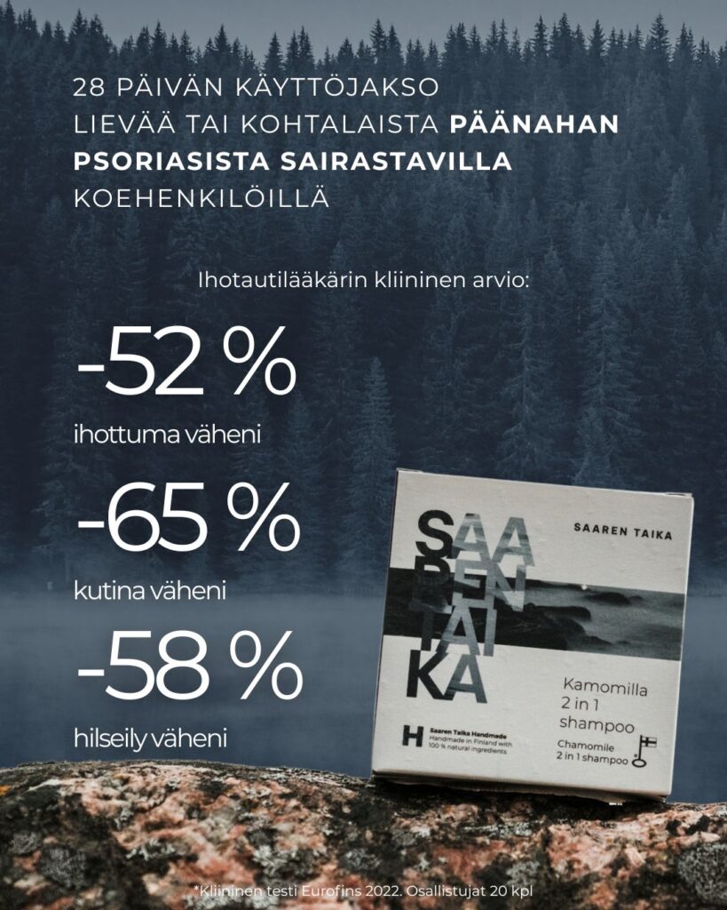 Saaren Taika Vihreä tee kamomilla shampoo 28 päivän käyttöjakso lievää tai kohtalaista päänahan psoriasista sairastavilla koehenkilöillä