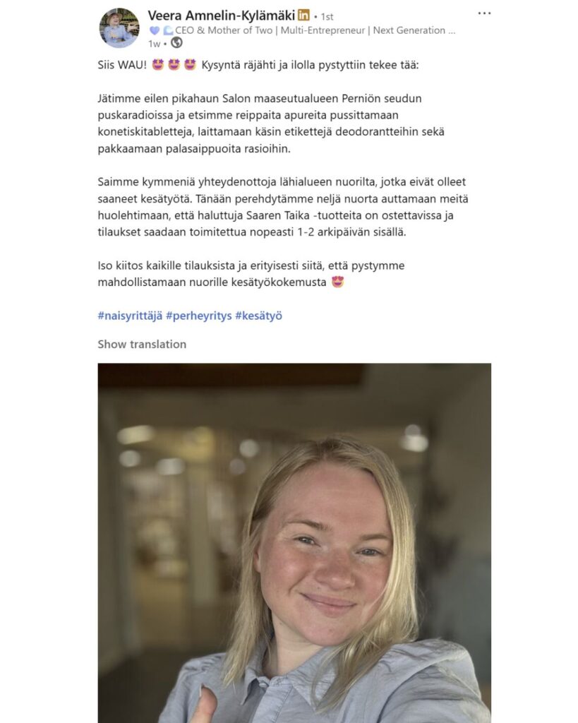 olemme muutaman uuden vakituisen lisäksi myös päässeet myös työllistämään Perniön seudun nuoria kesätöihin äkillisen kysynnän räjähdyksen vuoksi