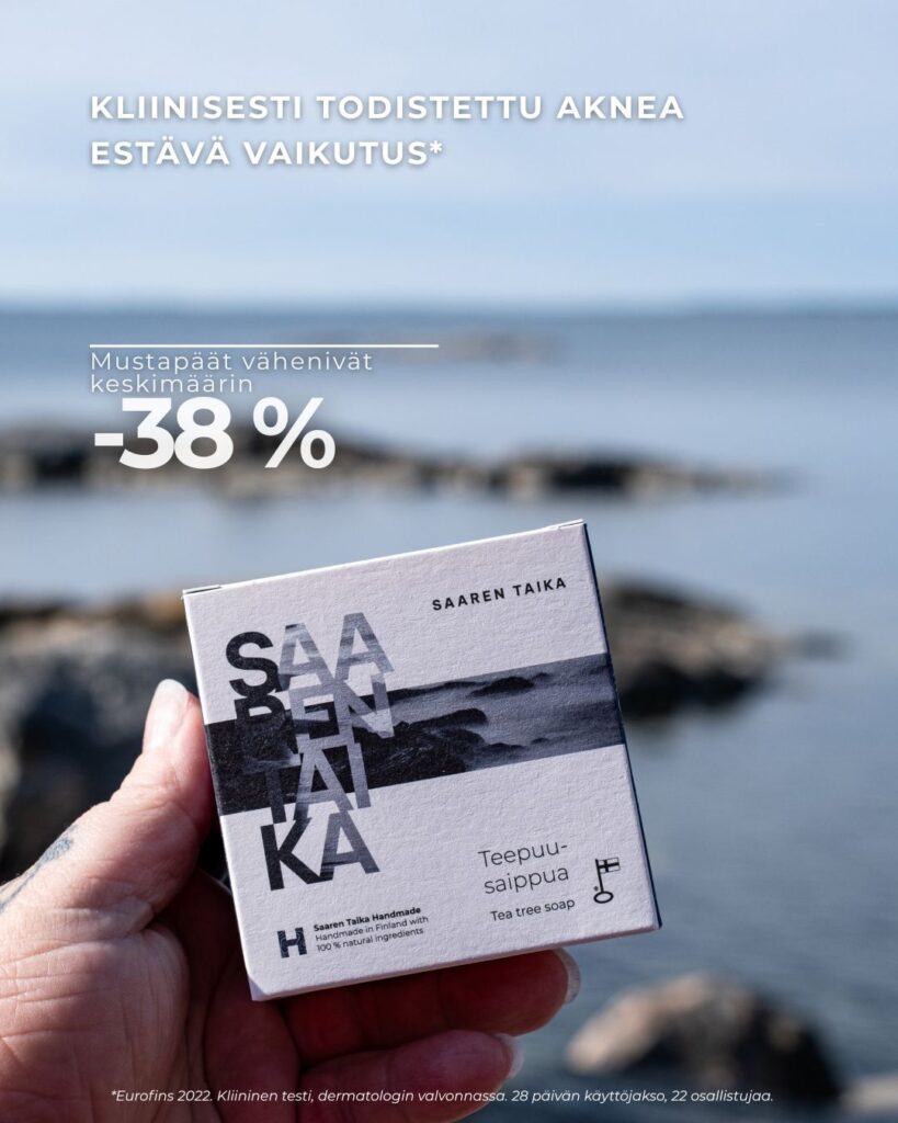 Saaren Taika Teepuusaippua akneiholle Mustapäät vähenivät keskimäärin 38 %.