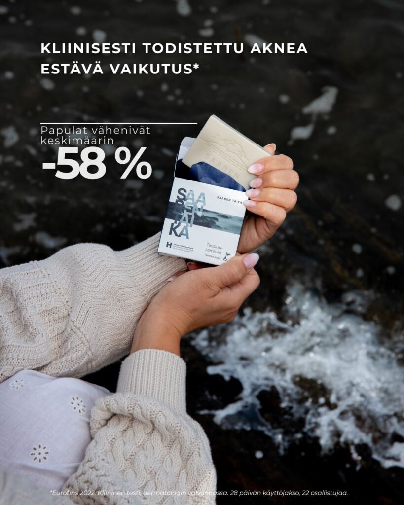 Saaren Taika Teepuusaippua akneiholle Papulat vähenivät keskimäärin 58 %