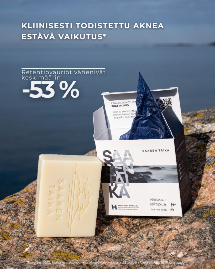 Saaren Taika Teepuusaippua akneiholle Retentiovauriot vähenivät keskimäärin 53 %