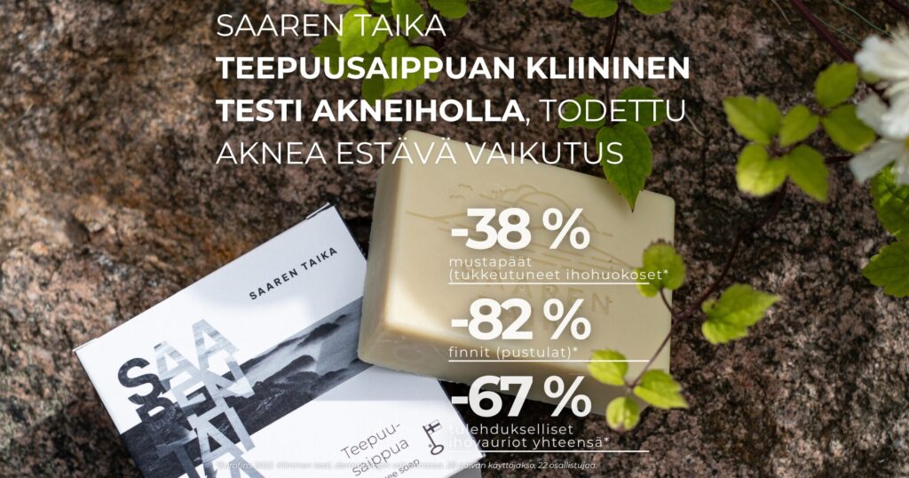 Saaren Taika Teepuusaippuan kliininen testi akneiholla, todettu aknea estävä vaikutus