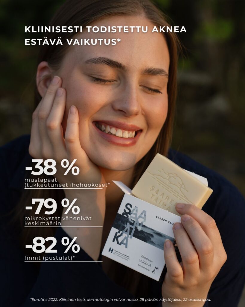 Saaren Taika Teepuusaippuan kliininen testi akneiholla, todettu aknea estävä vaikutus