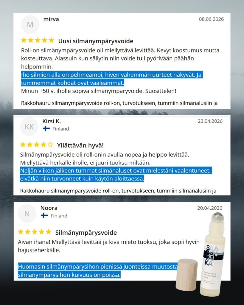 Mirvan palaute Roll-on silmänympärysvoiteesta ★★★★★ Roll-on silmänympärysvoide oli miellyttävä levittää. Kevyt koostumus mutta kosteuttava. Alassuin kun säilytin niin voide tuli pyörivään päähän helpommin. Iho silmien alla on pehmeämpi, hiven vähemmän uurteet näkyvät. Ja tummemmat kohdat ovat vaaleammat. Minun +50 v. iholle sopiva silmänympärysvoide. Suosittelen!