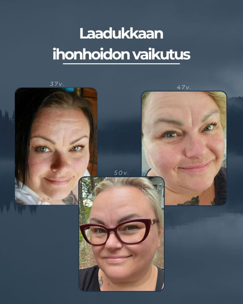 Johannan iho 37 vuotiaana, jossa karheus, punoitus ja rypyt erottuvat selvästi. Sitten iho 47 vuotiaana, vähän sileämpänä, mutta edelleen epätasaisuudet näkyvissä. Sitten 50 vuotiaana, jolloin iho on sileämpi, rypyt selkeästi pienentyneet ja iho on tasaisen sävyinen.