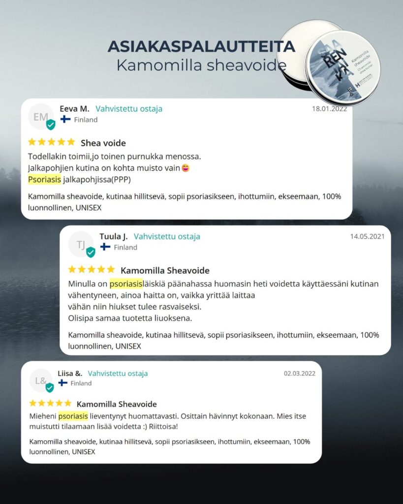 Aitoja asiakaspalautteita psoriasiksen itsehoidosta Saaren Taika tuotteilla.
