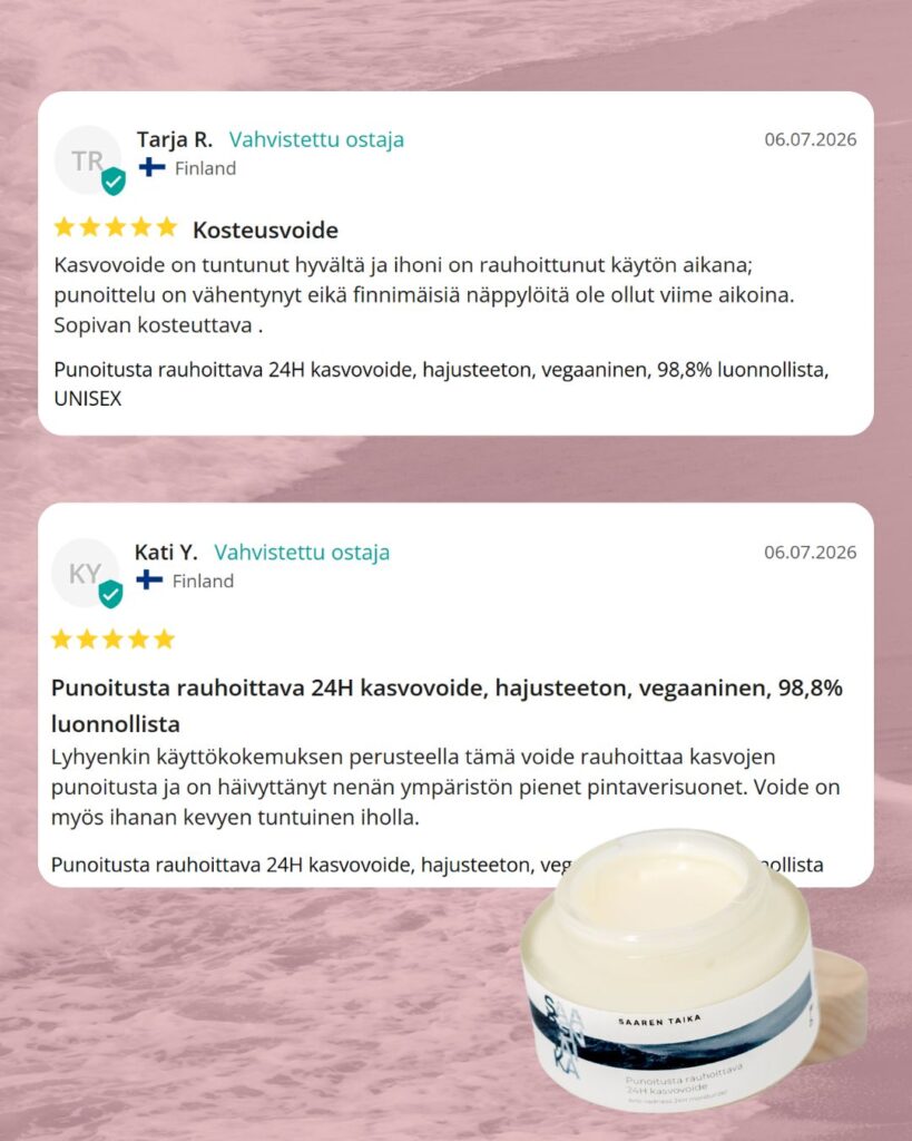Palaute Punoitusta rauhoittava 24H kasvovoide: Lyhyenkin käyttökokemuksen perusteella tämä voide rauhoittaa kasvojen punoitusta ja on häivyttänyt nenän ympäristön pienet pintaverisuonet. Voide on myös ihanan kevyen tuntuinen iholla. -Kati Y.