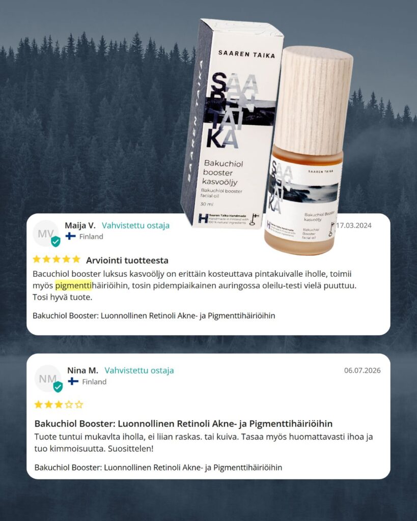 Bakuchiol booster, luonnollinen retinoli vaihtoehto akneiholle, pigmenttihäiriöihin ja juonteisiin.