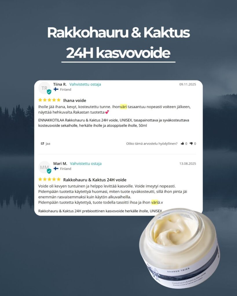 Aitoja asiakapalautteita ihon sävyn tasoittumisesta ja Saaren Taika Rakkohauru Kaktus 24H kasvovoiteesta.
