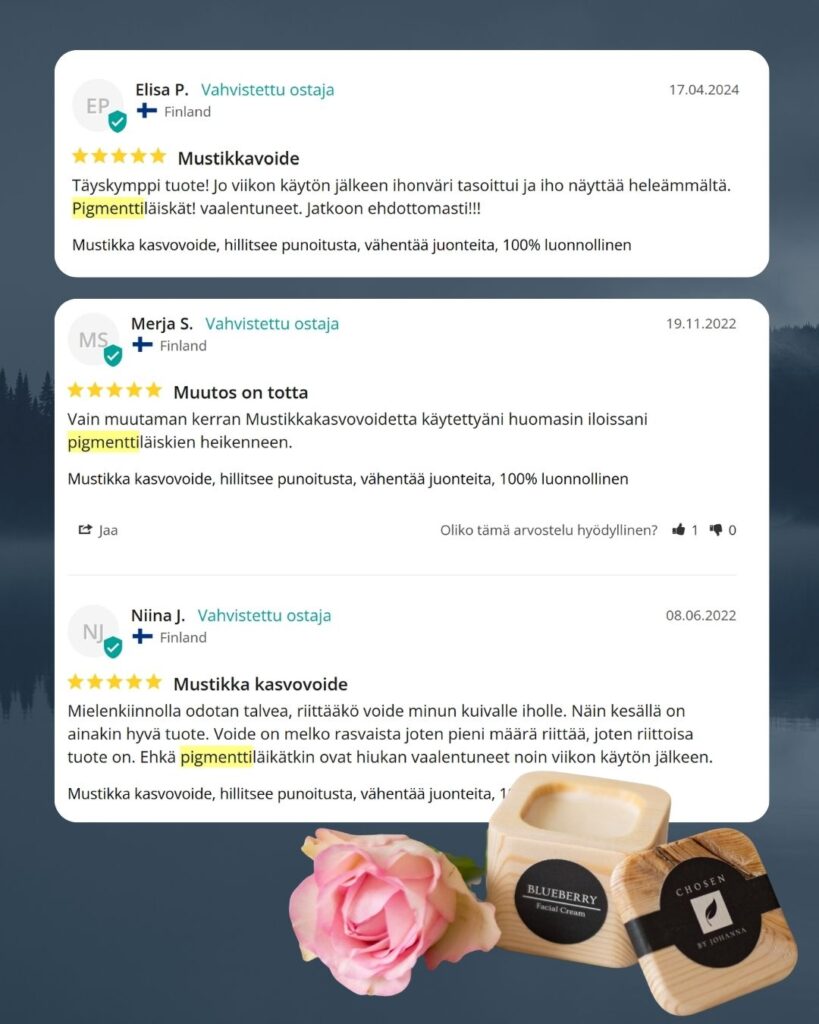Mustikka kasvovoide sisältää ruusunmarjaöljyä ja mustikkauutetta, joilla tiedetään olevan vaikutusta ihon sävyn tasaisuuteen