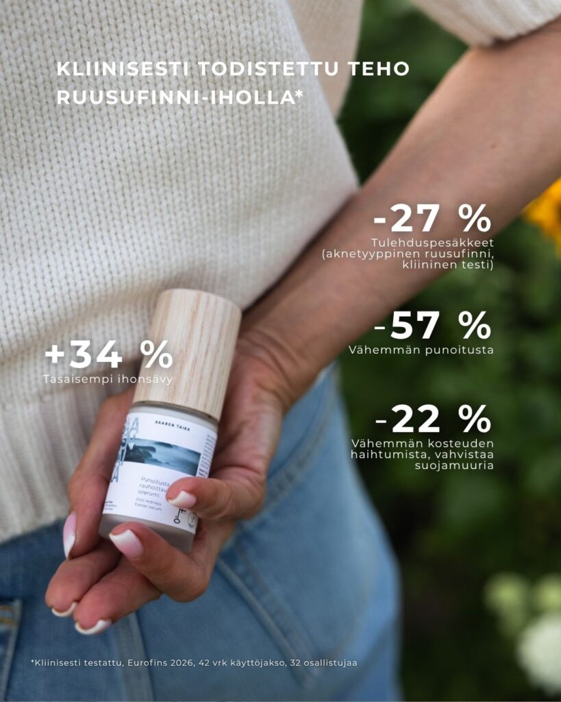 Punoitusta rauhoittavan seerumin kliininen testi couperosa- ja aknetyyppisellä ruusufinni-iholla, punoitus väheni 57 %
