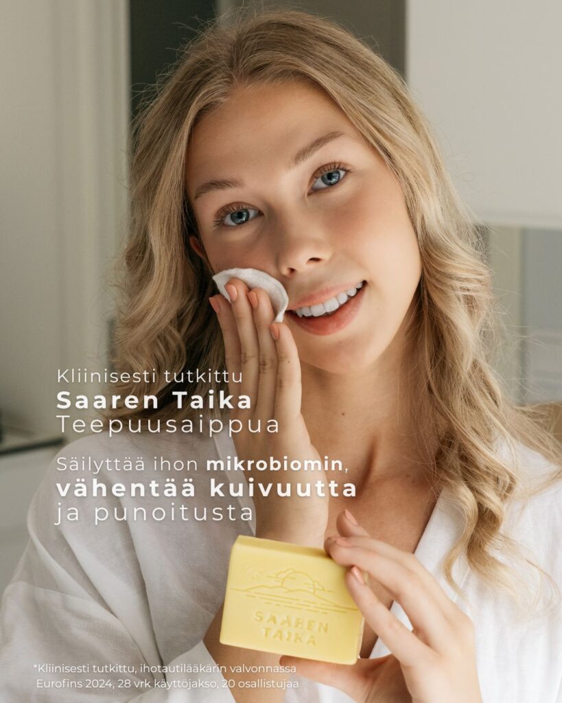 Kliinisesti tutkittu Saaren Taika Teepuusaippua. Säilyttää ihon mikrobiomin, vähentää kuivuutta ja punoitusta.