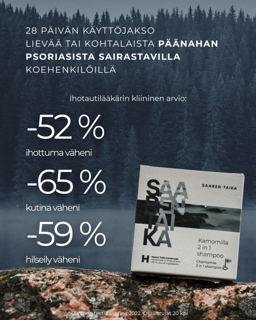 Saaren Taika Vihreä tee kamomilla shampoo 28 päivän käyttöjakso lievää tai kohtalaista päänahan psoriasista sairastavilla koehenkilöillä