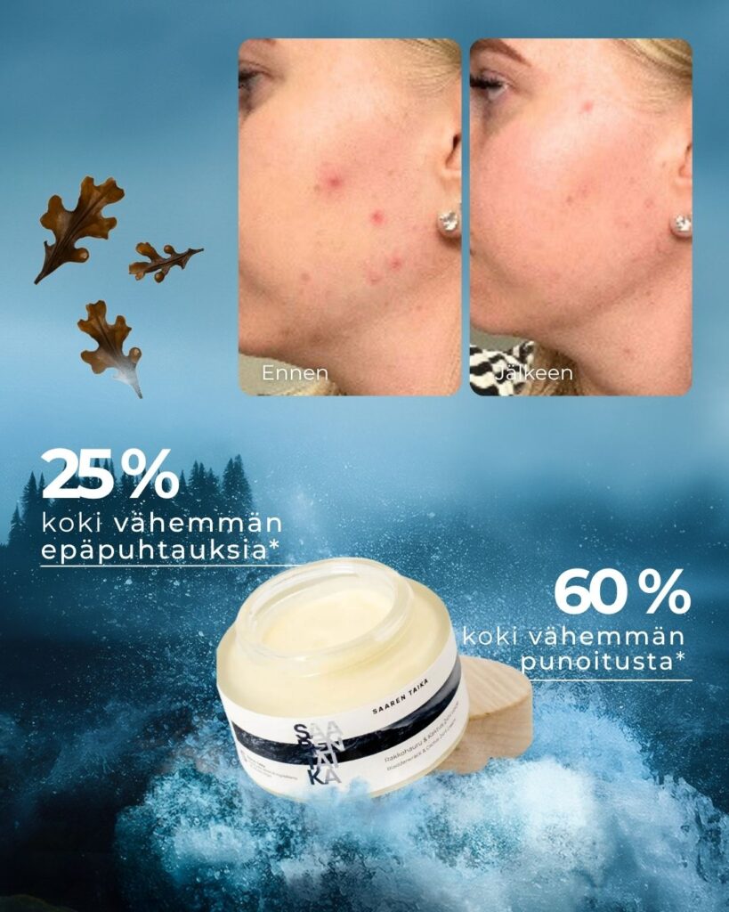 Rakkohauru & Kaktus 24H prebioottinen kasvovoide: 28 päivän kuluttajatutkimuksessa 60 % punoituksesta kärsineistä koki punoituksen vähentyneen ja 25 % epäpuhtauksista kärsineistä epäpuhtauksien vähentyneen.